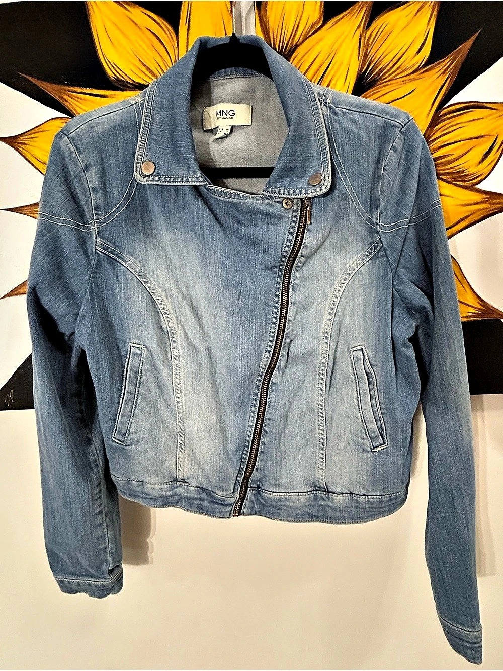 Mango Denim Moto Jacket in Blue Size XL Like New